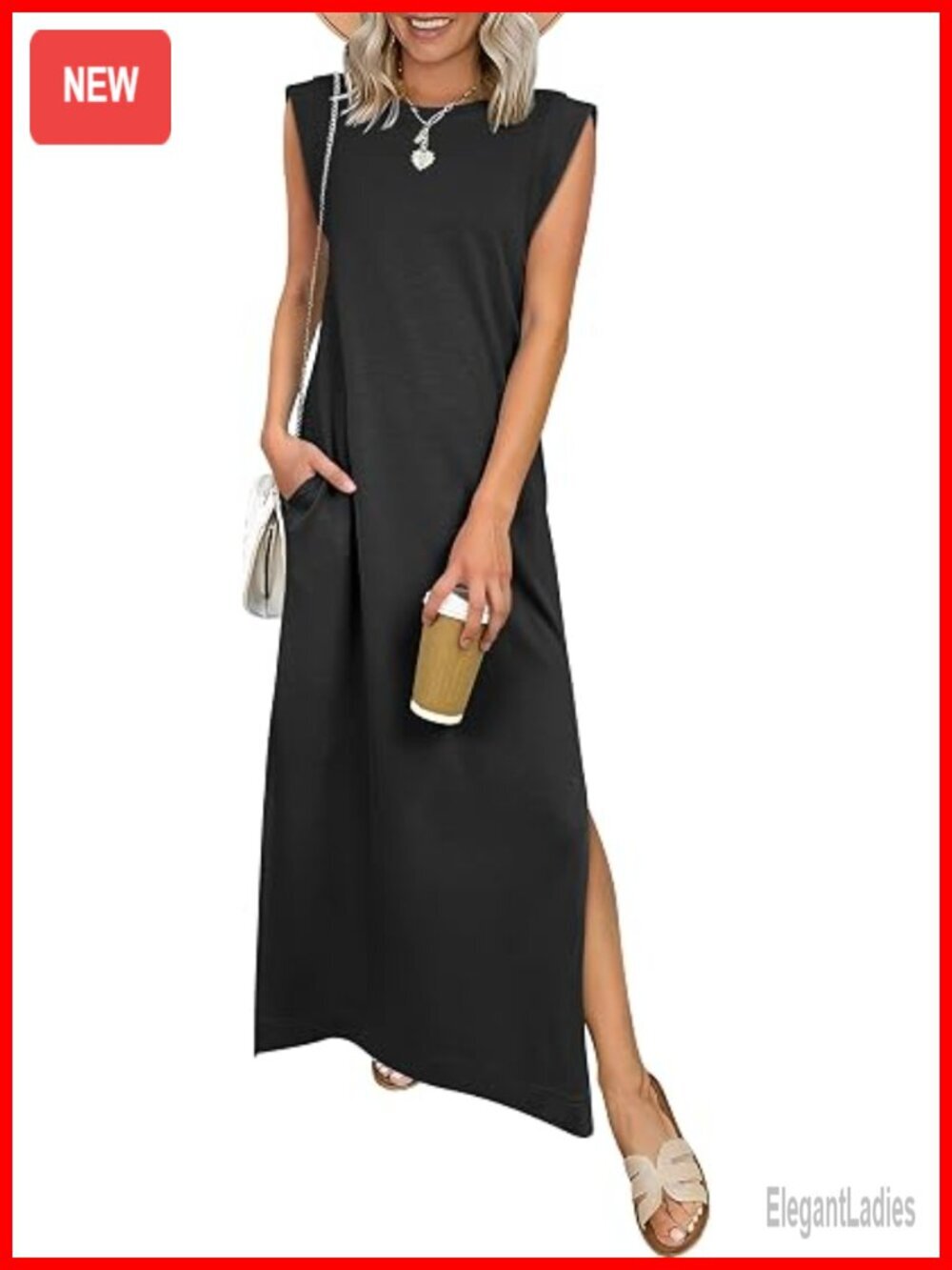 Women Sleeveless Maxi Dress Crewneck Split Wrinkle-Free Rayon Blend Summer